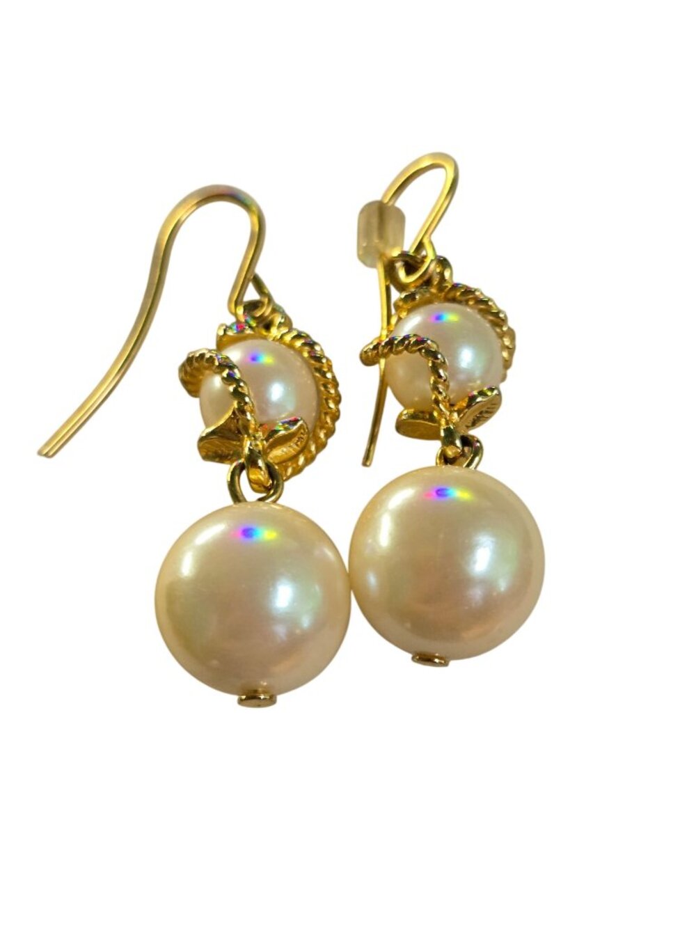 Vintage Faux Pearl Goldtone French Wire Drop Earrings 1.5" Drop Classic